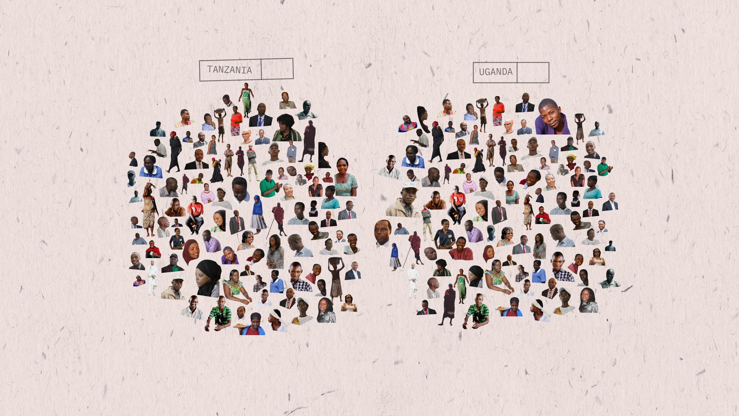 A colourful visualisation of two circles with 100 people each: one for Tanzania and one for Uganda.