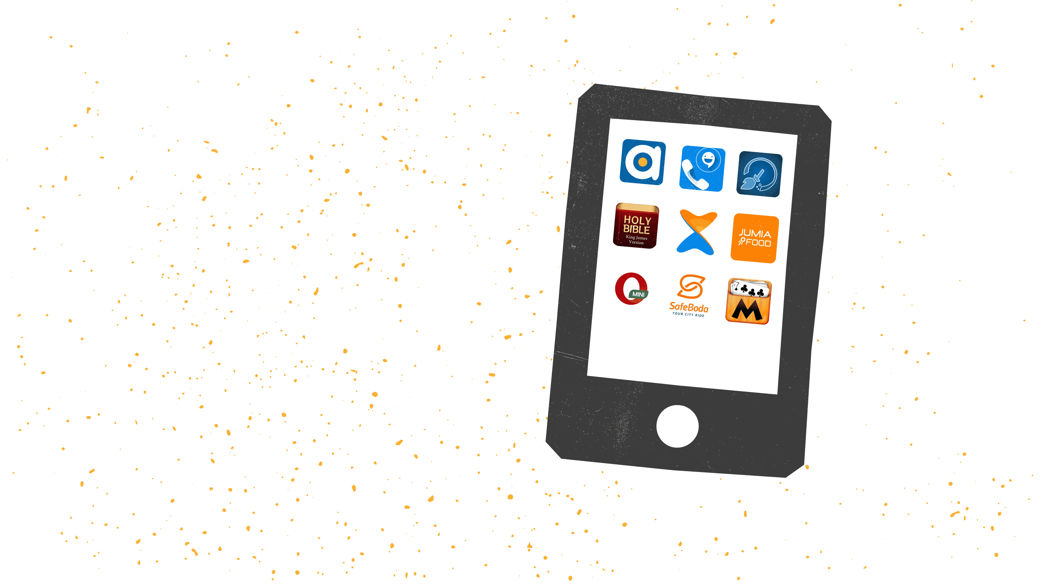 The icons of some of the most popular apps in Uganda. They include King James Bible, Jumia Food, Matatu, CallApp, Opera Mini, Safeboda, Clean Master Ultra and Xender. 