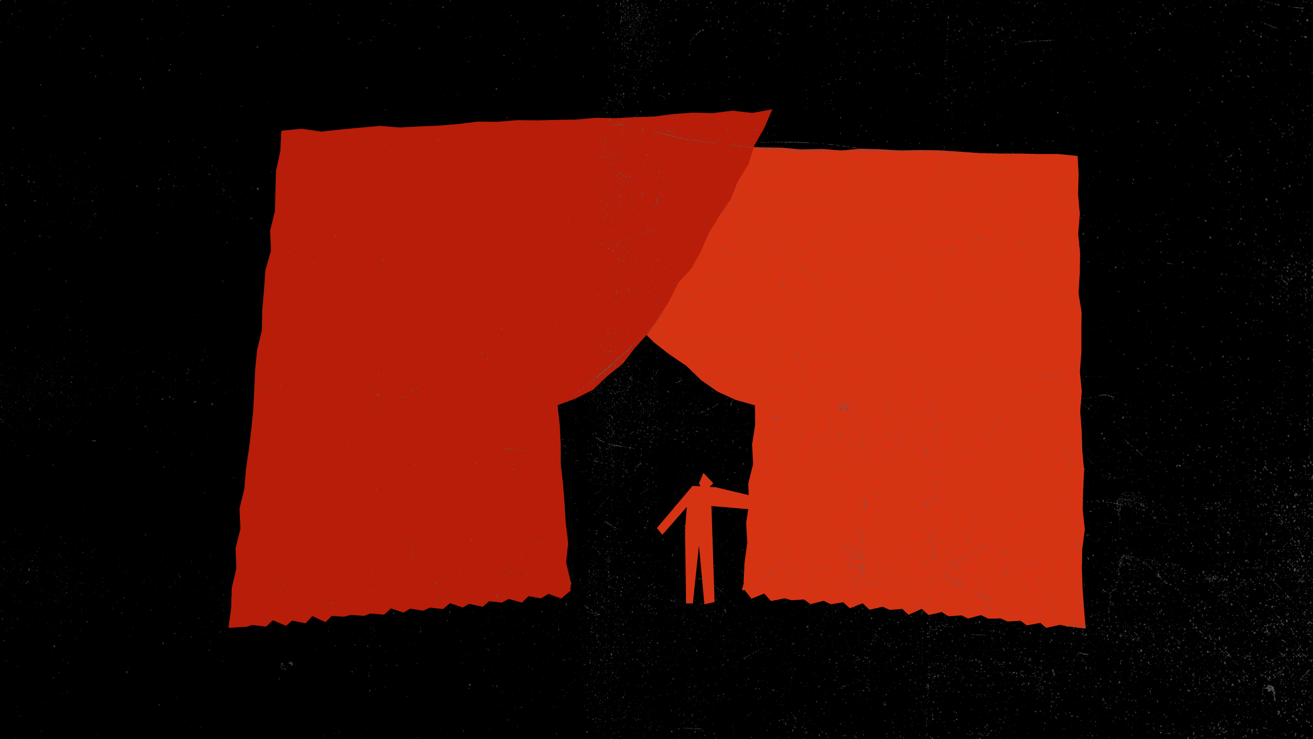 A person in the dark with red curtains in front of them. The curtains are about to go up.